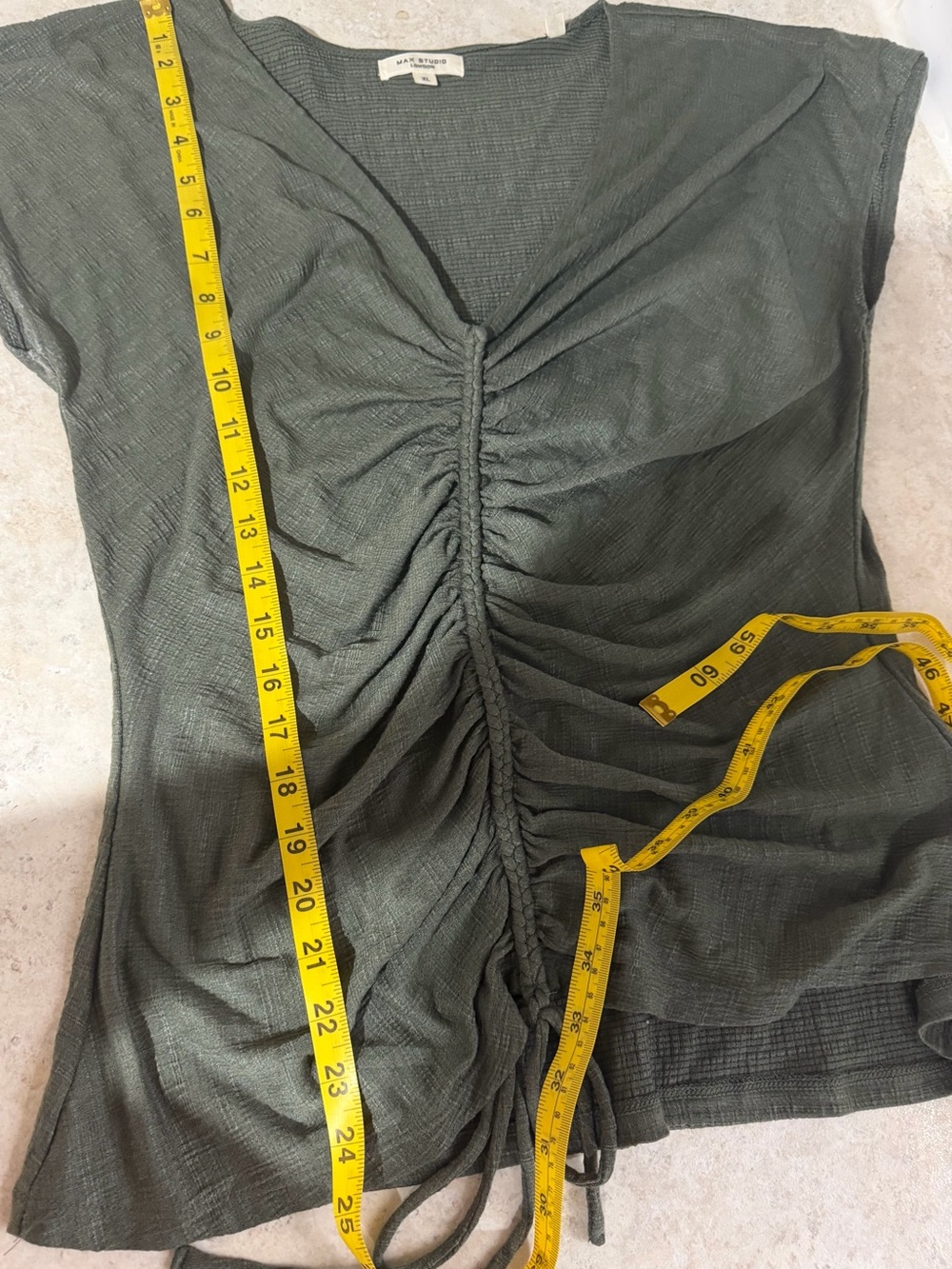 Max Studio London XL Olive Ruched Drawstring Textured Cap Sleeve Blouse - Picture 8 of 10